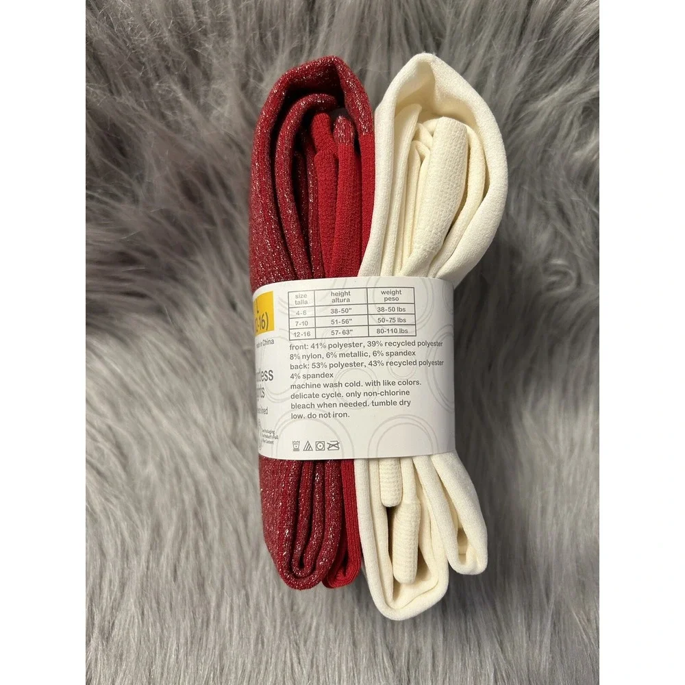 Wonder Nation Footless Fleece Lined Tights Girls Size Large 2 Pack Red & White